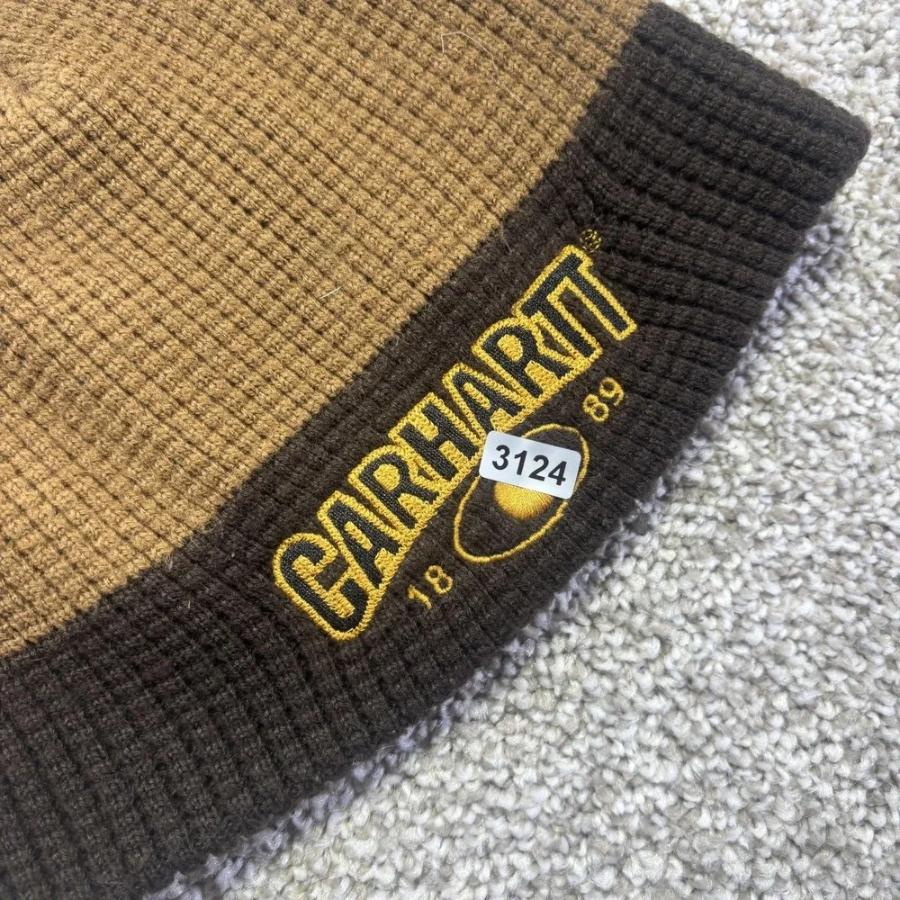 Y2K Carhartt Skull Beanie Mens One‎ Size Brown Knit Logo Stretch Winter Workwear
